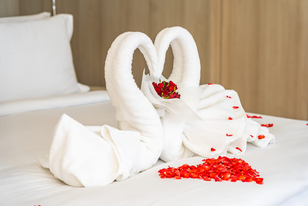 Romantic towel swans and rose petals on bed at Honeysuckle Apartments for special events stays