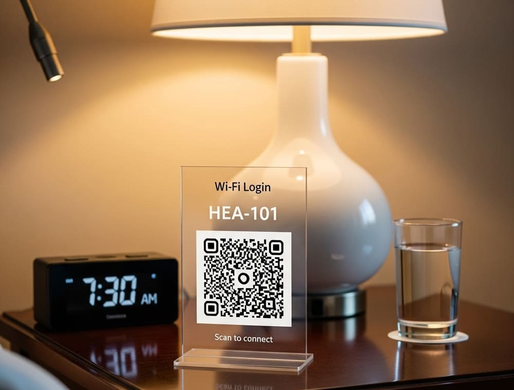 Wi-Fi login sign with QR code on nightstand at Honeysuckle Executive Apartments Newcastle NSW